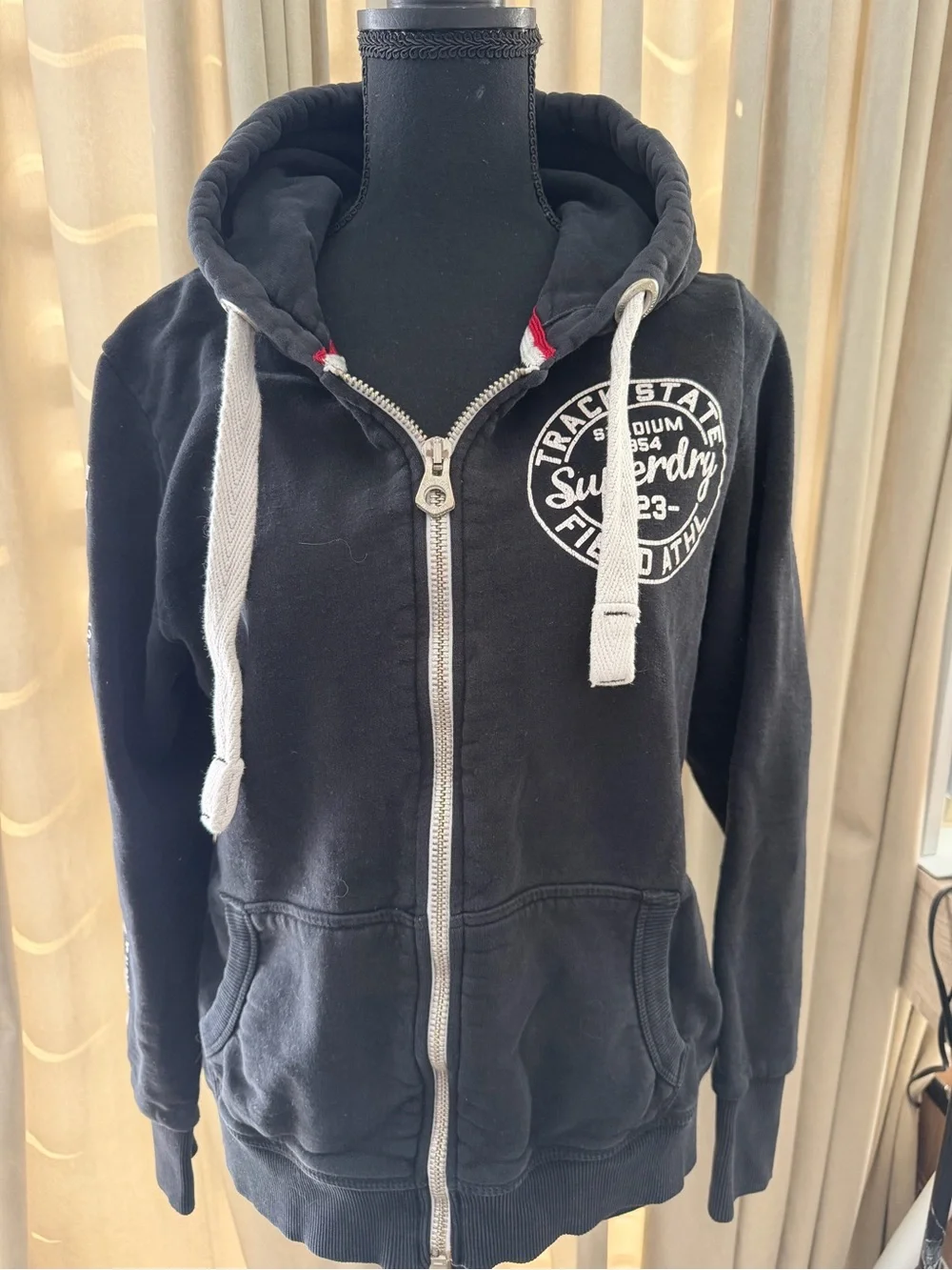 Superdry Black Zip Hoodie with White Drawstrings size L